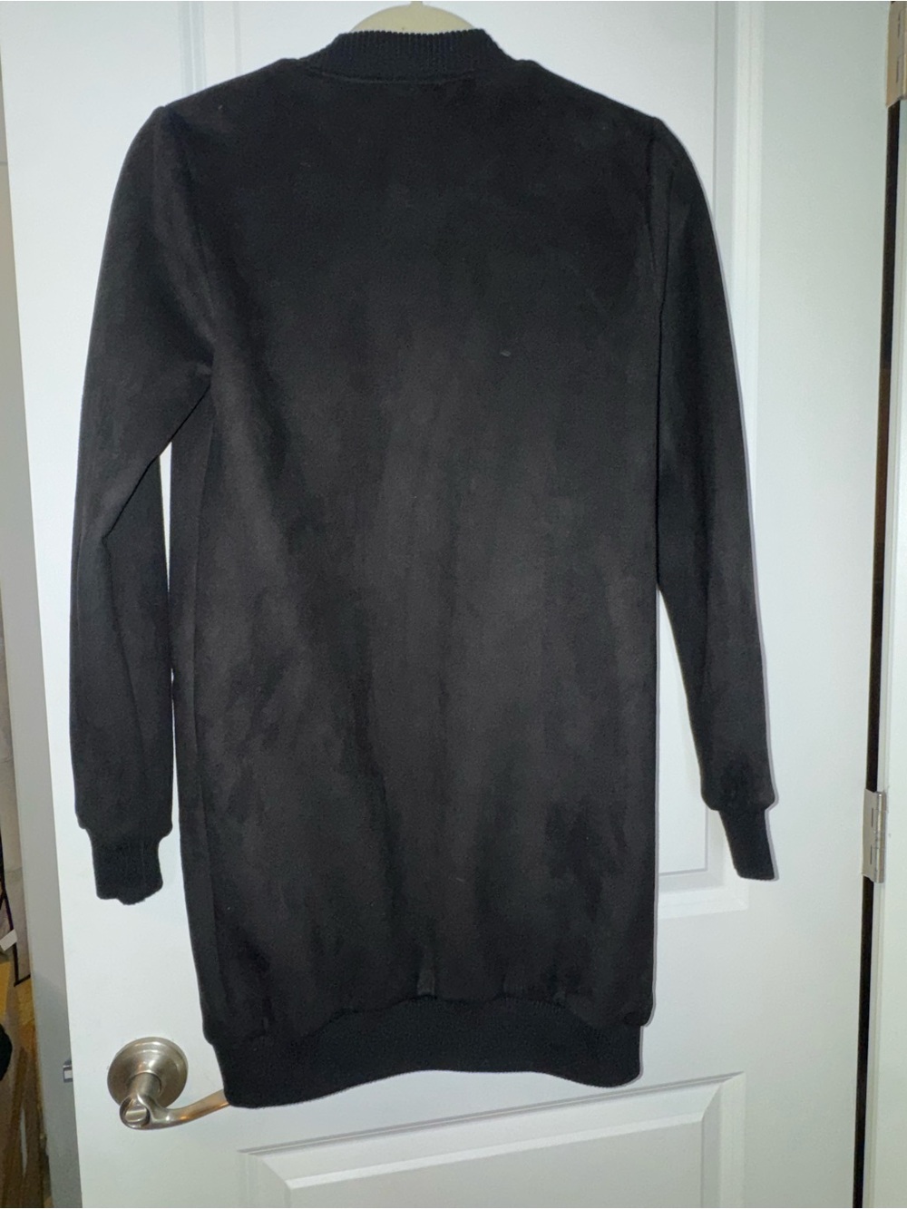 BCBGeneration Faux Suede Long Bomber Jacket Size XXS Black Longline runs large - Picture 10 of 13